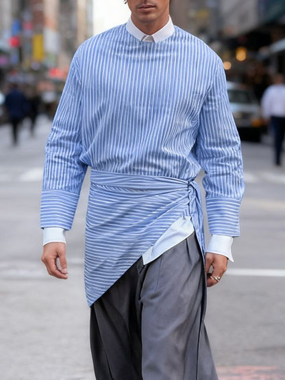 Camicia da Uomo a Maniche Lunghe a Righe con Dettaglio a Laccio