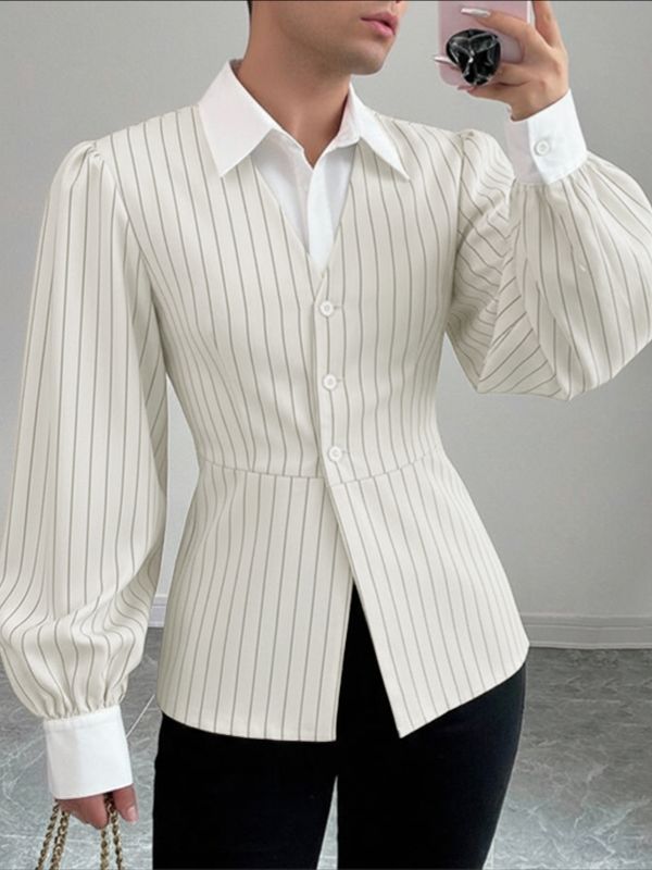Camicia da Uomo a Maniche Lunghe a Righe Colorblock