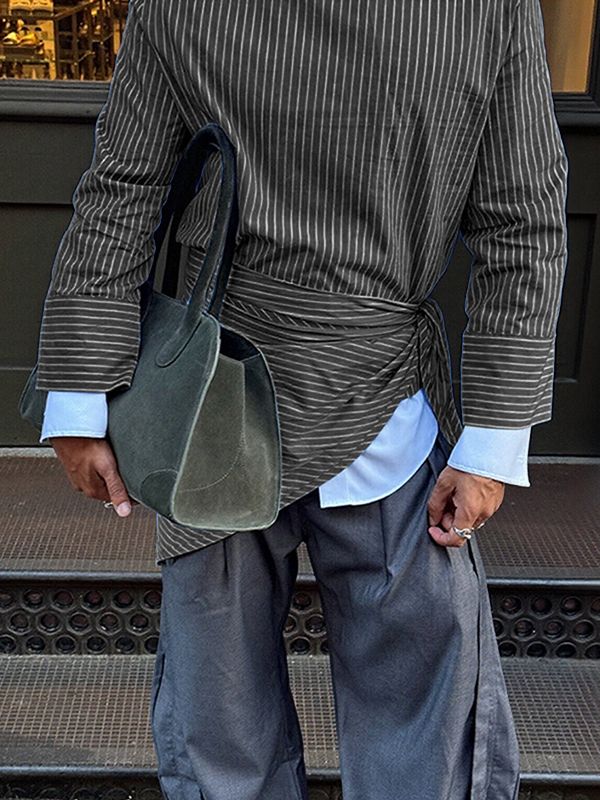 Camicia da Uomo a Maniche Lunghe a Righe con Dettaglio a Laccio