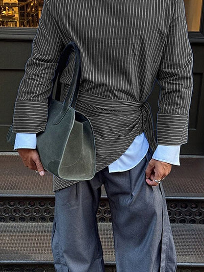 Camicia da Uomo a Maniche Lunghe a Righe con Dettaglio a Laccio