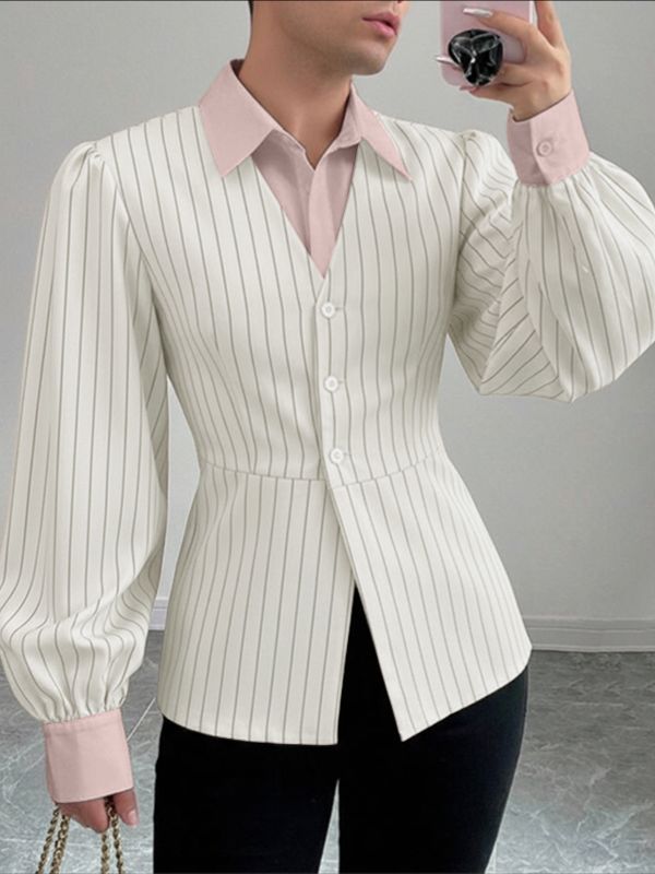 Camicia da Uomo a Maniche Lunghe a Righe Colorblock